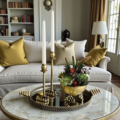 Üzüm Tepsi, Vazo Sukulent Aranjmanı & 2'li Mumluk + Mum 4'lü Set Eskitme