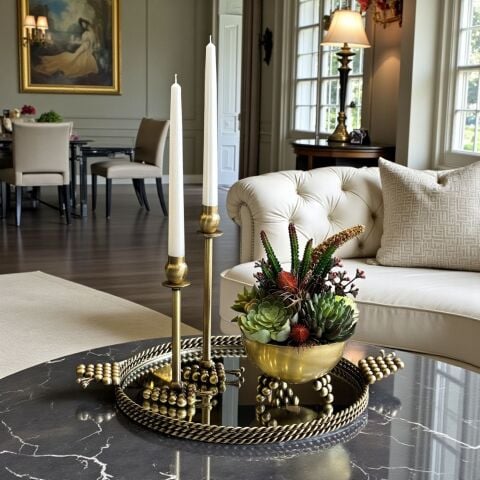 Üzüm Tepsi, Vazo Sukulent Aranjmanı & 2'li Mumluk + Mum 4'lü Set Eskitme