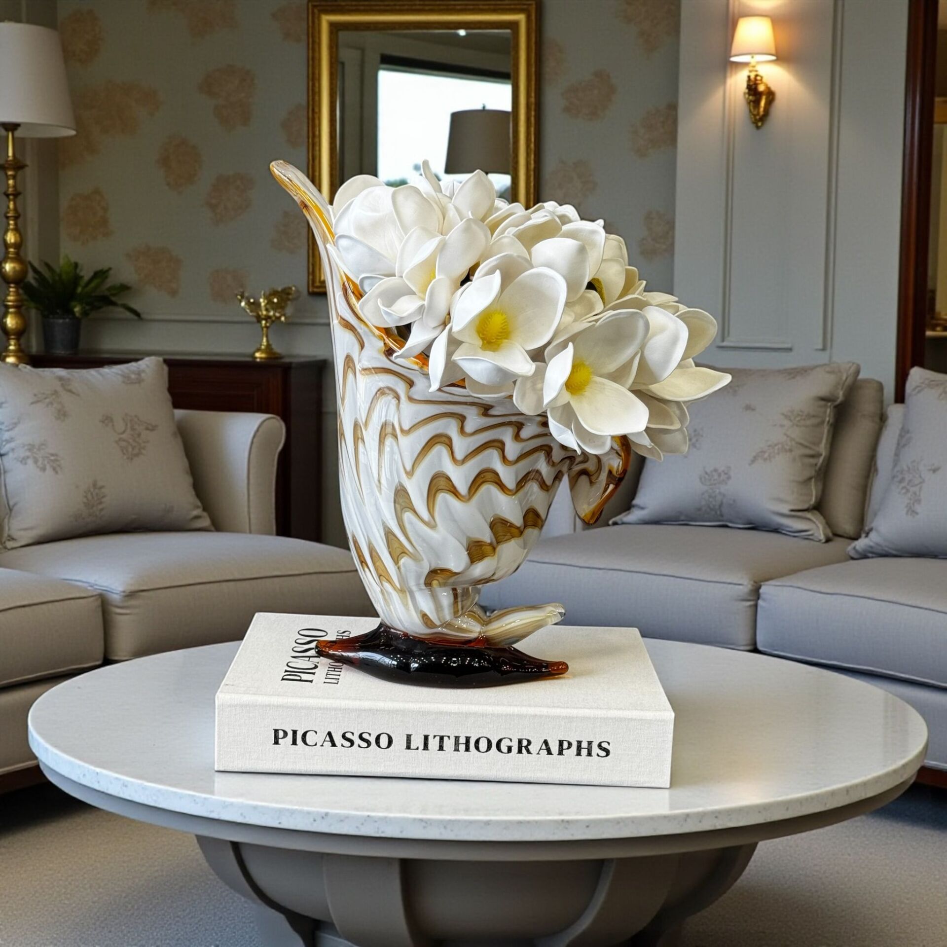 Cam Kaideli Deniz Kabuğu Manolya Aranjmanı 3’lü – Amber / Krem / Karamel