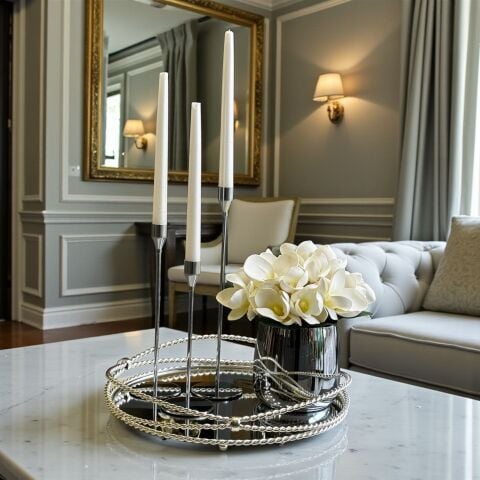 Zincir Yuvarlak Tepsi & Cezve Manolya Aranjmanı + 3’lü Mumluk Seti + Mum / Gümüş