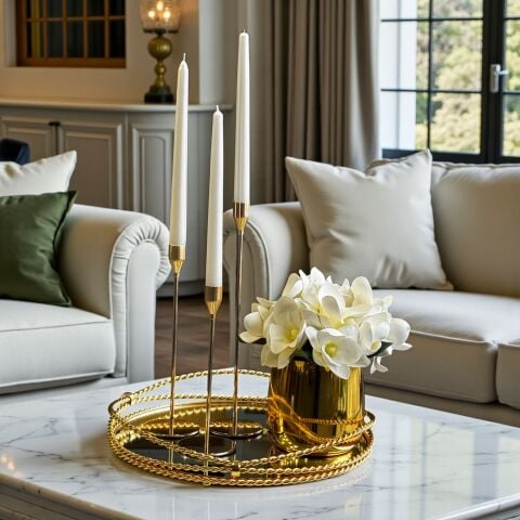 Zincir Yuvarlak Tepsi & Cezve Manolya Aranjmanı + 3’lü Mumluk Seti + Mum / Gold