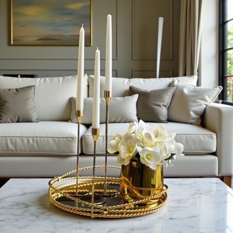 Zincir Yuvarlak Tepsi & Cezve Manolya Aranjmanı + 3’lü Mumluk Seti + Mum / Gold