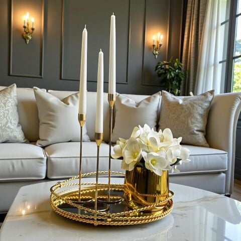Zincir Yuvarlak Tepsi & Cezve Manolya Aranjmanı + 3’lü Mumluk Seti + Mum / Gold