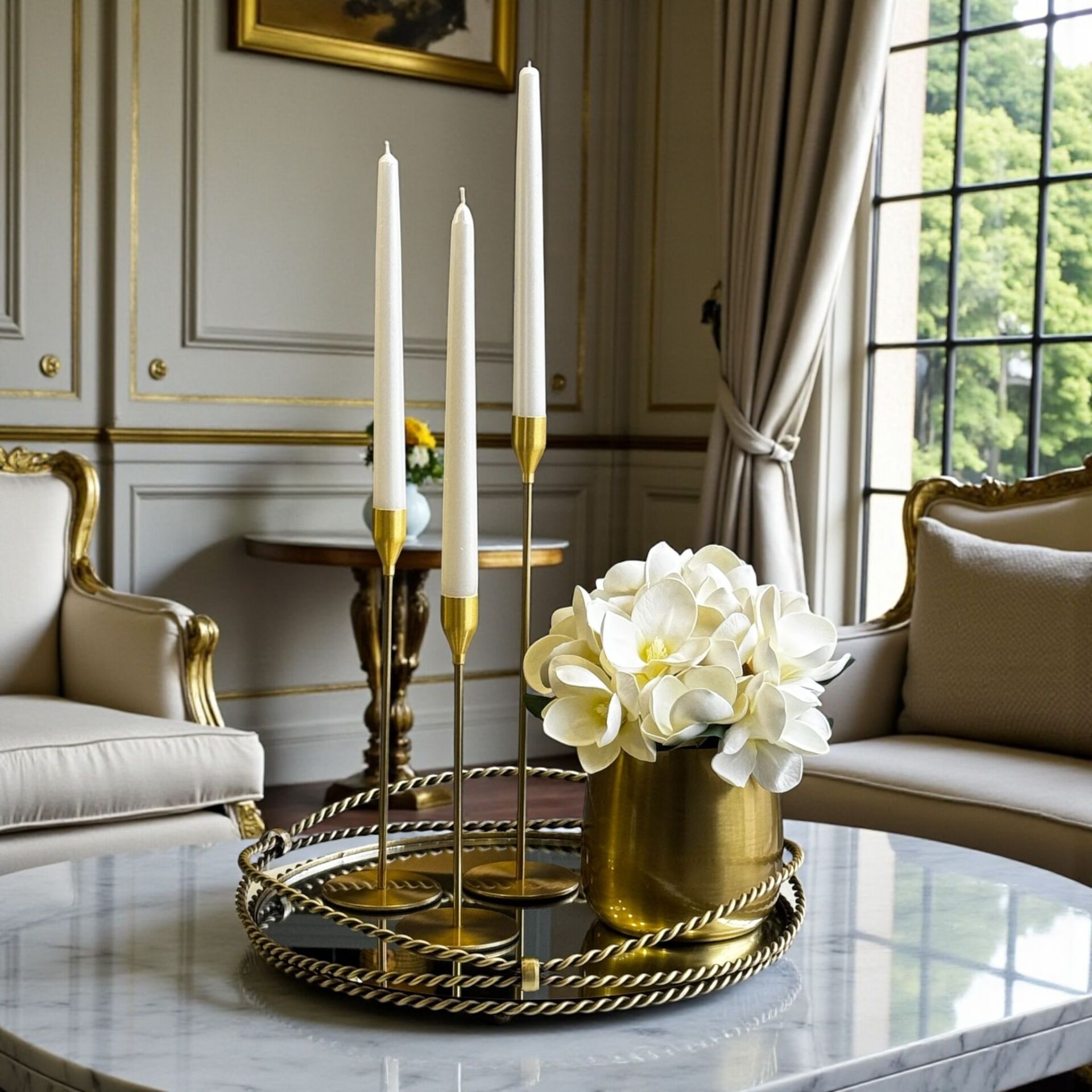 Zincir Yuvarlak Tepsi & Cezve Manolya Aranjmanı + 3’lü Mumluk Seti + Mum / Eskitme