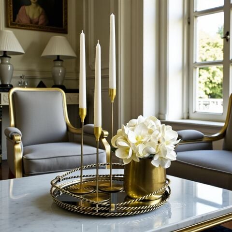 Zincir Yuvarlak Tepsi & Cezve Manolya Aranjmanı + 3’lü Mumluk Seti + Mum / Eskitme