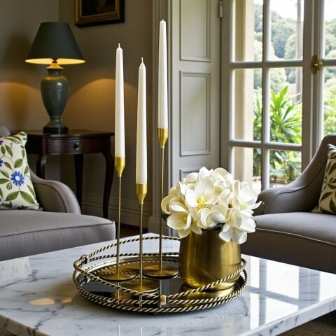 Zincir Yuvarlak Tepsi & Cezve Manolya Aranjmanı + 3’lü Mumluk Seti + Mum / Eskitme