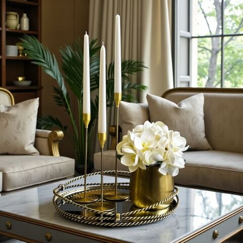 Zincir Yuvarlak Tepsi & Cezve Manolya Aranjmanı + 3’lü Mumluk Seti + Mum / Eskitme