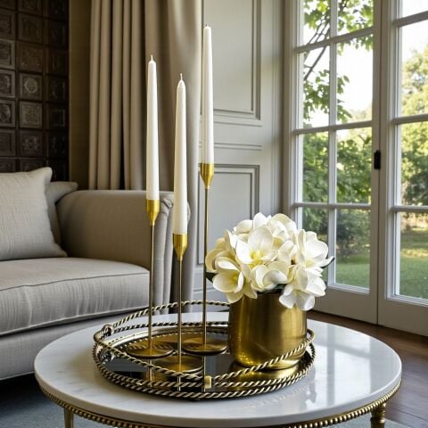 Zincir Yuvarlak Tepsi & Cezve Manolya Aranjmanı + 3’lü Mumluk Seti + Mum / Eskitme