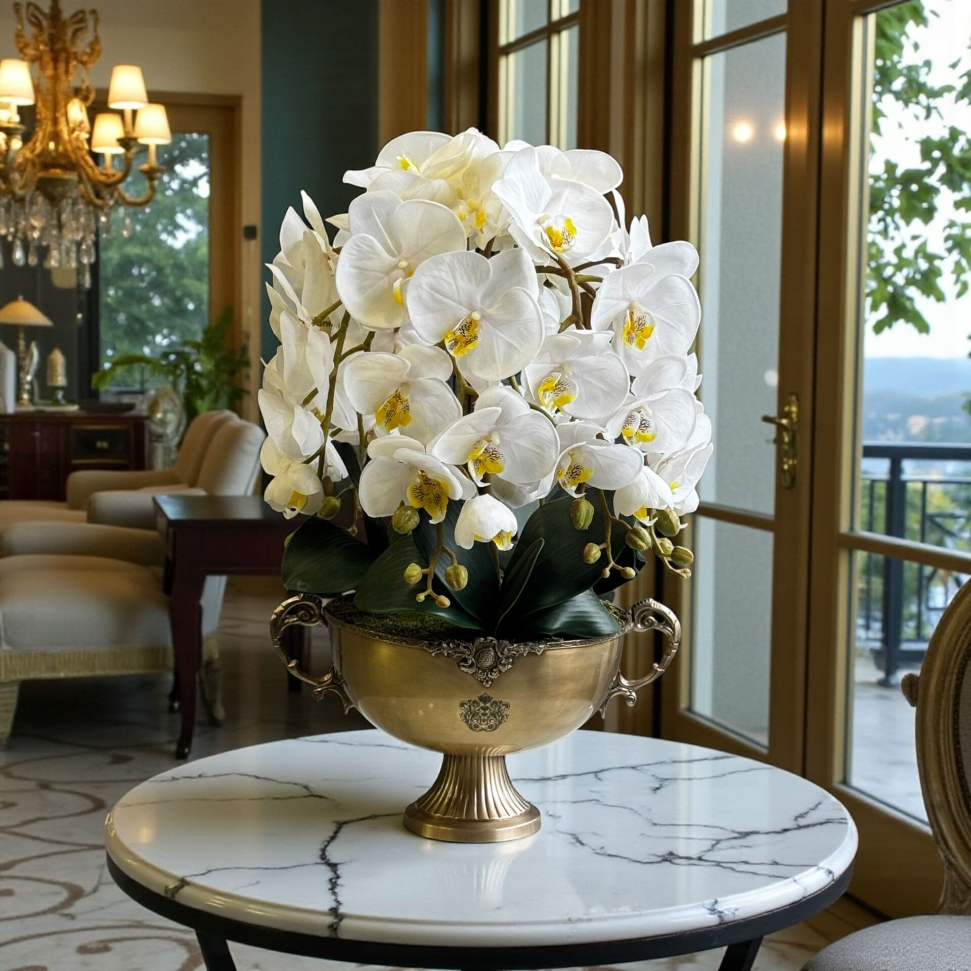 Pirinç Saksı Premium Beyaz Orkide Aranjmanı 6’lı – Eskitme