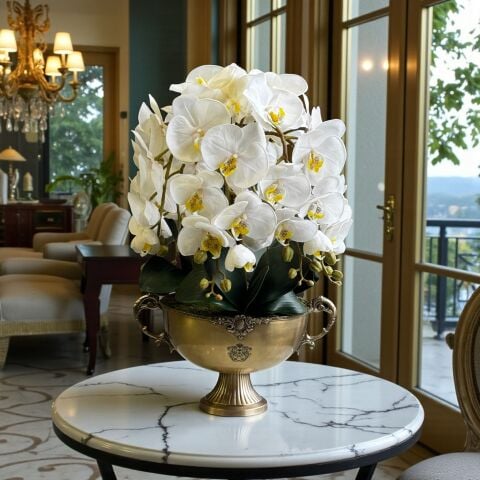 Pirinç Saksı Premium Beyaz Orkide Aranjmanı 6’lı – Eskitme