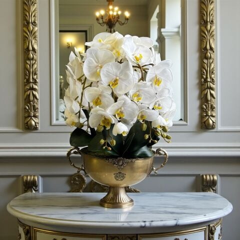 Pirinç Saksı Premium Beyaz Orkide Aranjmanı 6’lı – Eskitme