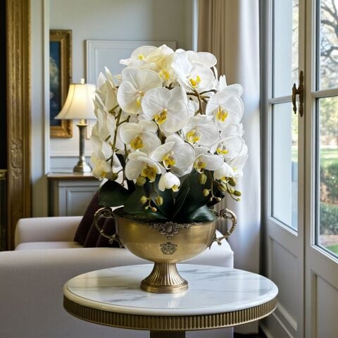 Pirinç Saksı Premium Beyaz Orkide Aranjmanı 6’lı – Eskitme