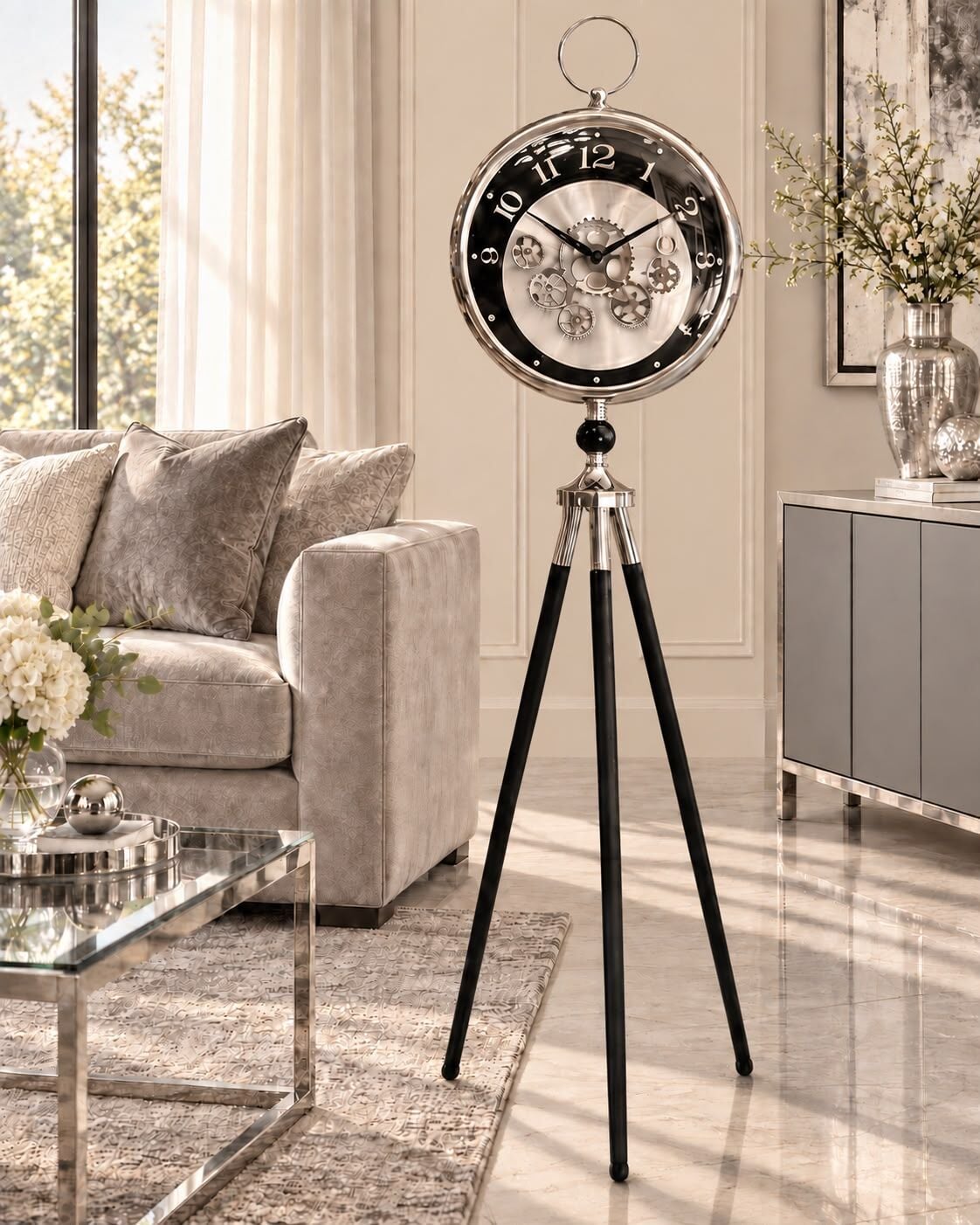 Ayaklı Tripod Çarklı Saat – Füme & Gümüş