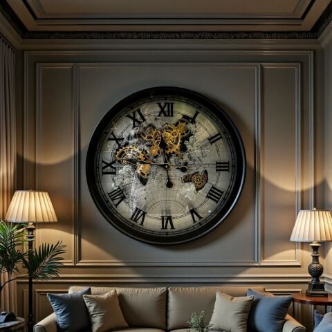 Romen Rakamlı Metal Çarklı Harita Saat – Gümüş (60cm)