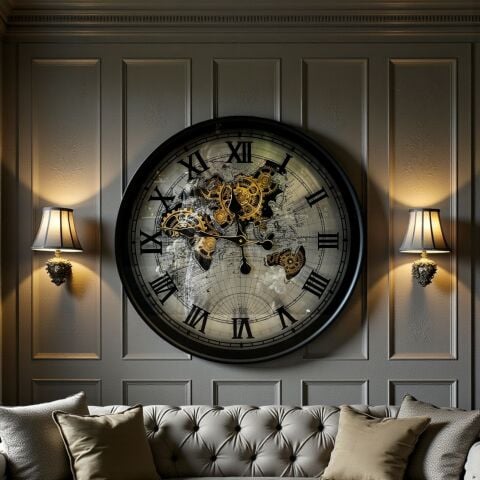 Romen Rakamlı Metal Çarklı Harita Saat – Gümüş (60cm)