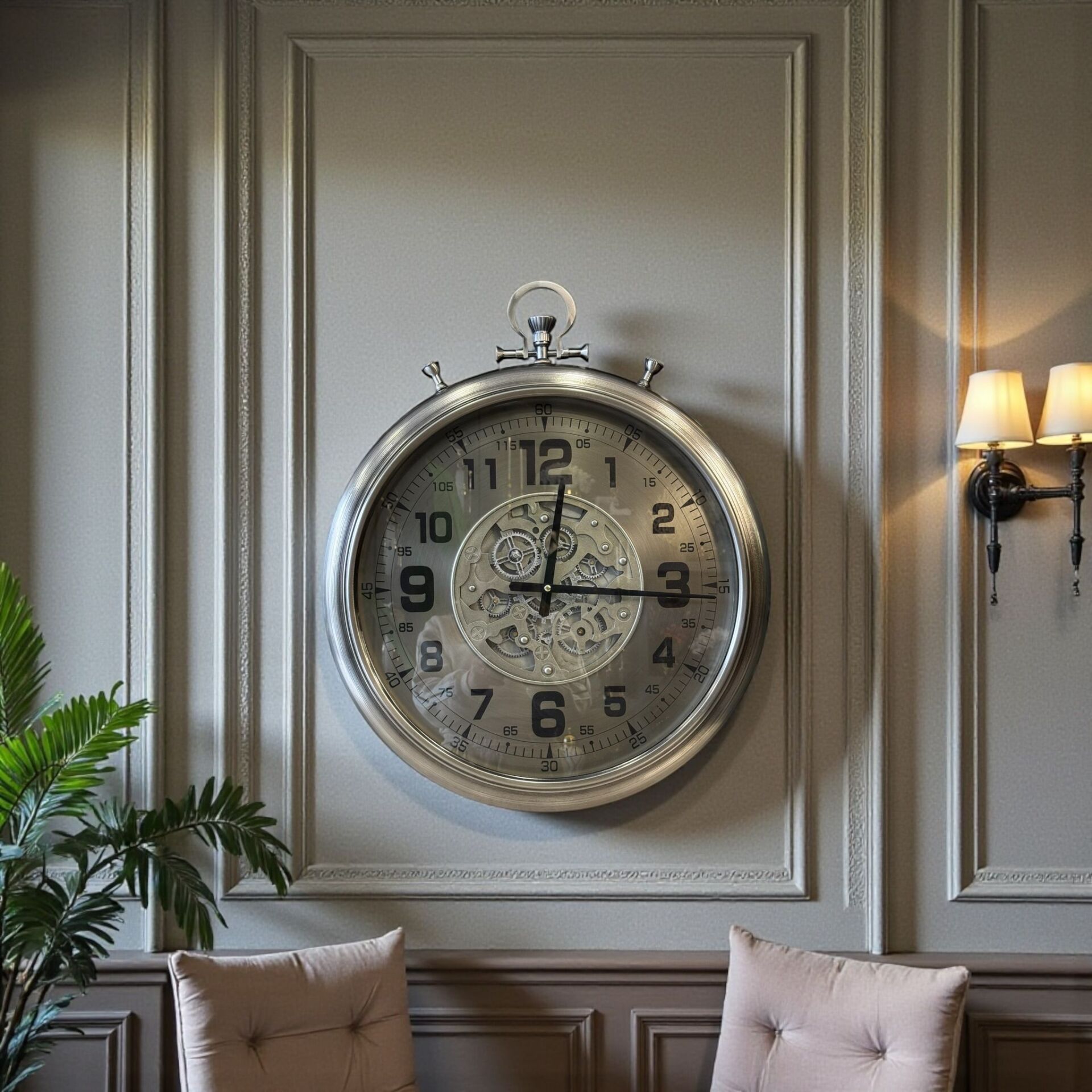 Metal Çarklı Duvar Saati – Gümüş (60cm)