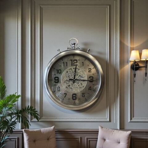 Metal Çarklı Duvar Saati – Gümüş (60cm)