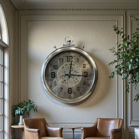 Metal Çarklı Duvar Saati – Gümüş (60cm)