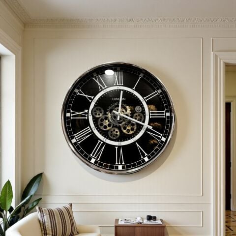 Romen Rakamlı Metal Çarklı Duvar Saati – Gümüş (55cm)