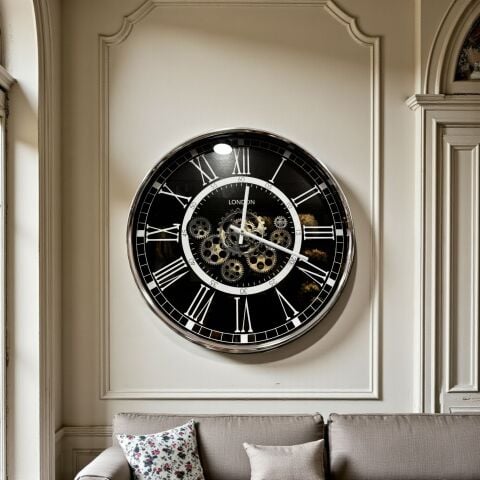 Romen Rakamlı Metal Çarklı Duvar Saati – Gümüş (55cm)