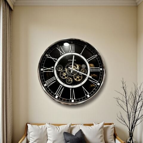 Romen Rakamlı Metal Çarklı Duvar Saati – Gümüş (55cm)