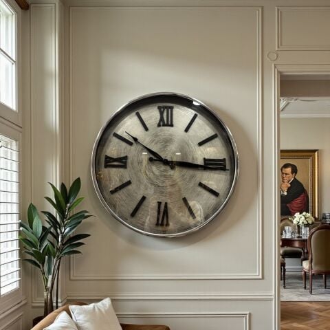 Romen Rakamlı Metal Duvar Saati – Gümüş (45cm)