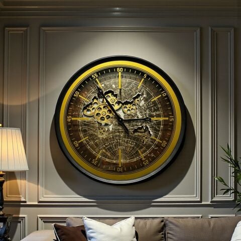 Metal Çarklı Harita Duvar Saati – Siyah & Gold (60cm)