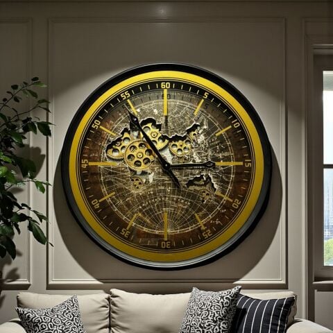 Metal Çarklı Harita Duvar Saati – Siyah & Gold (60cm)