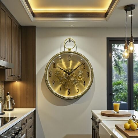 Kulplu Çarklı Duvar Saati – Gold (35cm)