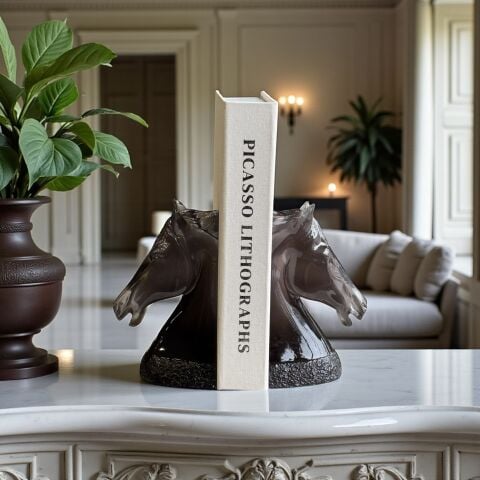 Atlı Reçine Kitap Tutucu Dekor Seti – Füme