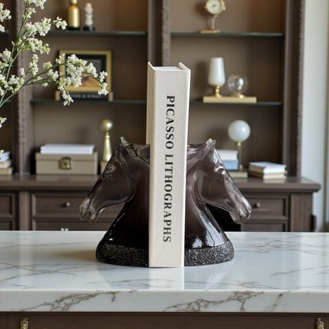 Atlı Reçine Kitap Tutucu Dekor Seti – Füme