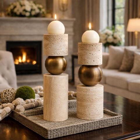 2’li Traverten Silindir Şamdan Seti + Mum