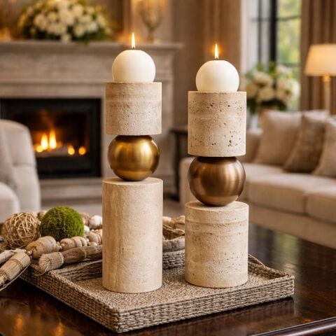 2’li Traverten Silindir Şamdan Seti + Mum