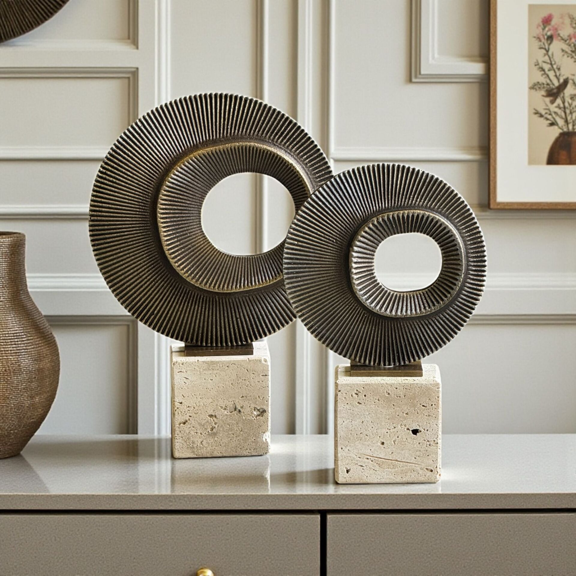 2’li Traverten Çoklu Çizgi Dekor Obje Seti