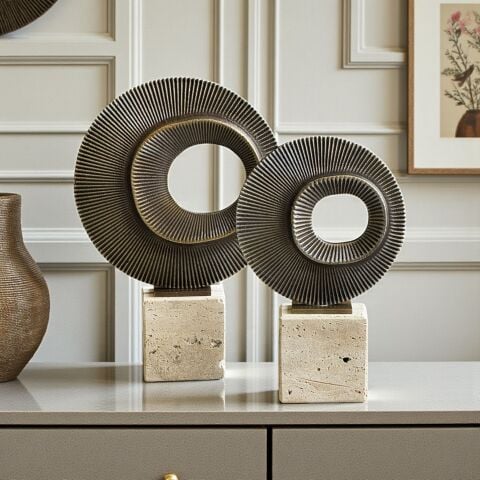 2’li Traverten Çoklu Çizgi Dekor Obje Seti