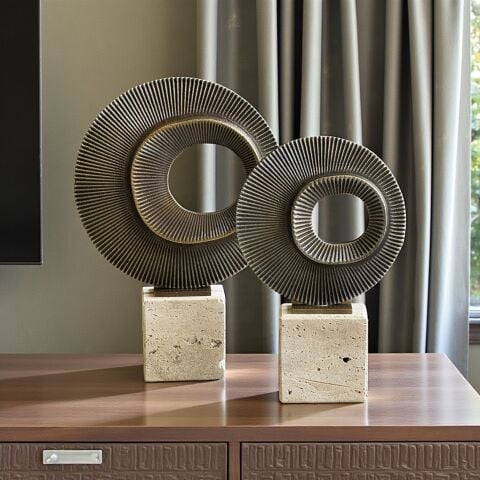 2’li Traverten Çoklu Çizgi Dekor Obje Seti