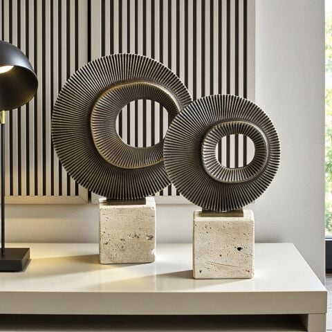 2’li Traverten Çoklu Çizgi Dekor Obje Seti