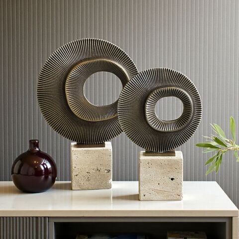 2’li Traverten Çoklu Çizgi Dekor Obje Seti