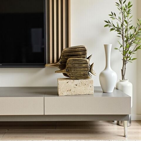 Traverten Çizgili 2 Balık Dekor Obje – Eskitme