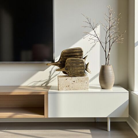 Traverten Çizgili 2 Balık Dekor Obje – Eskitme