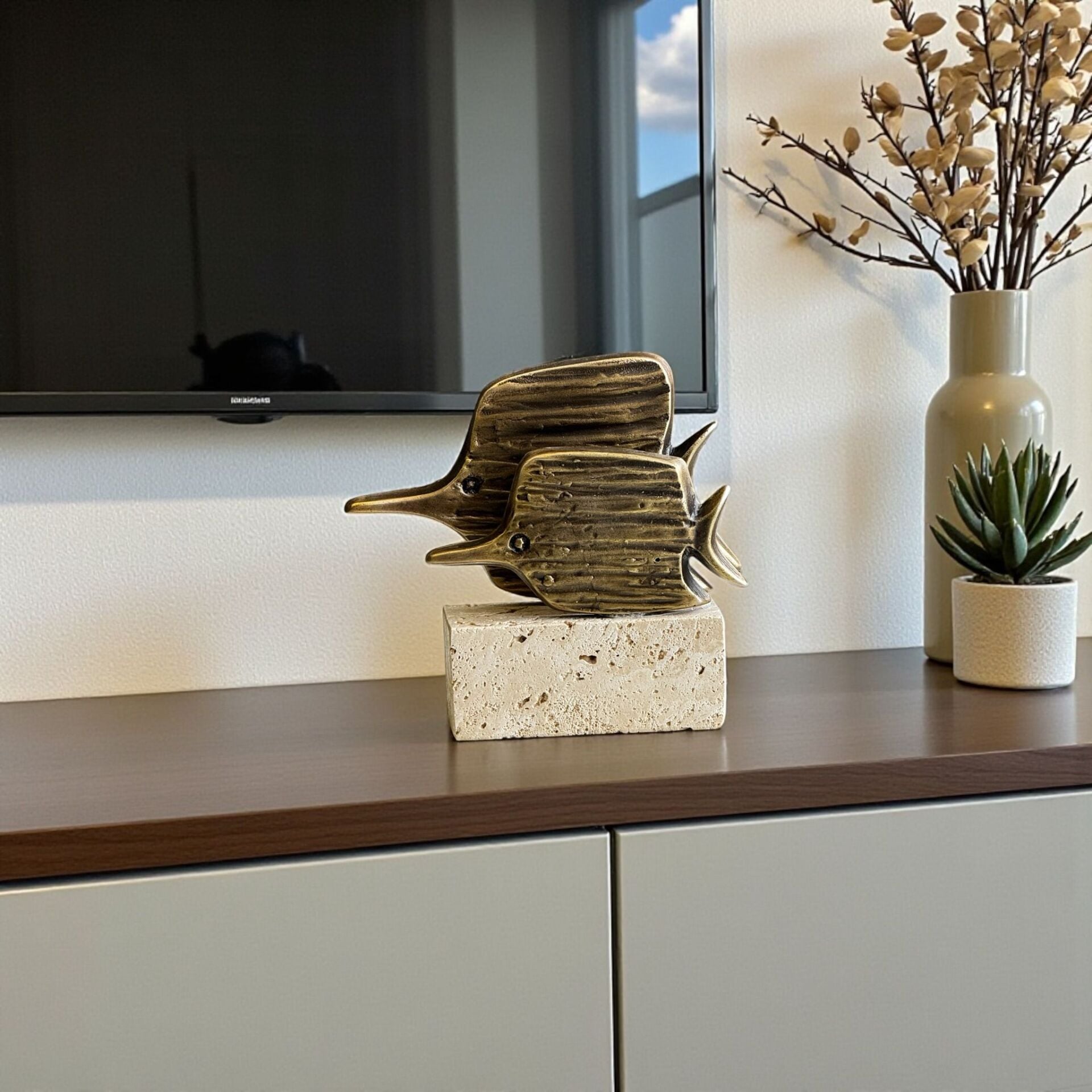 Traverten Çizgili 2 Balık Dekor Obje – Eskitme