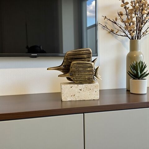 Traverten Çizgili 2 Balık Dekor Obje – Eskitme