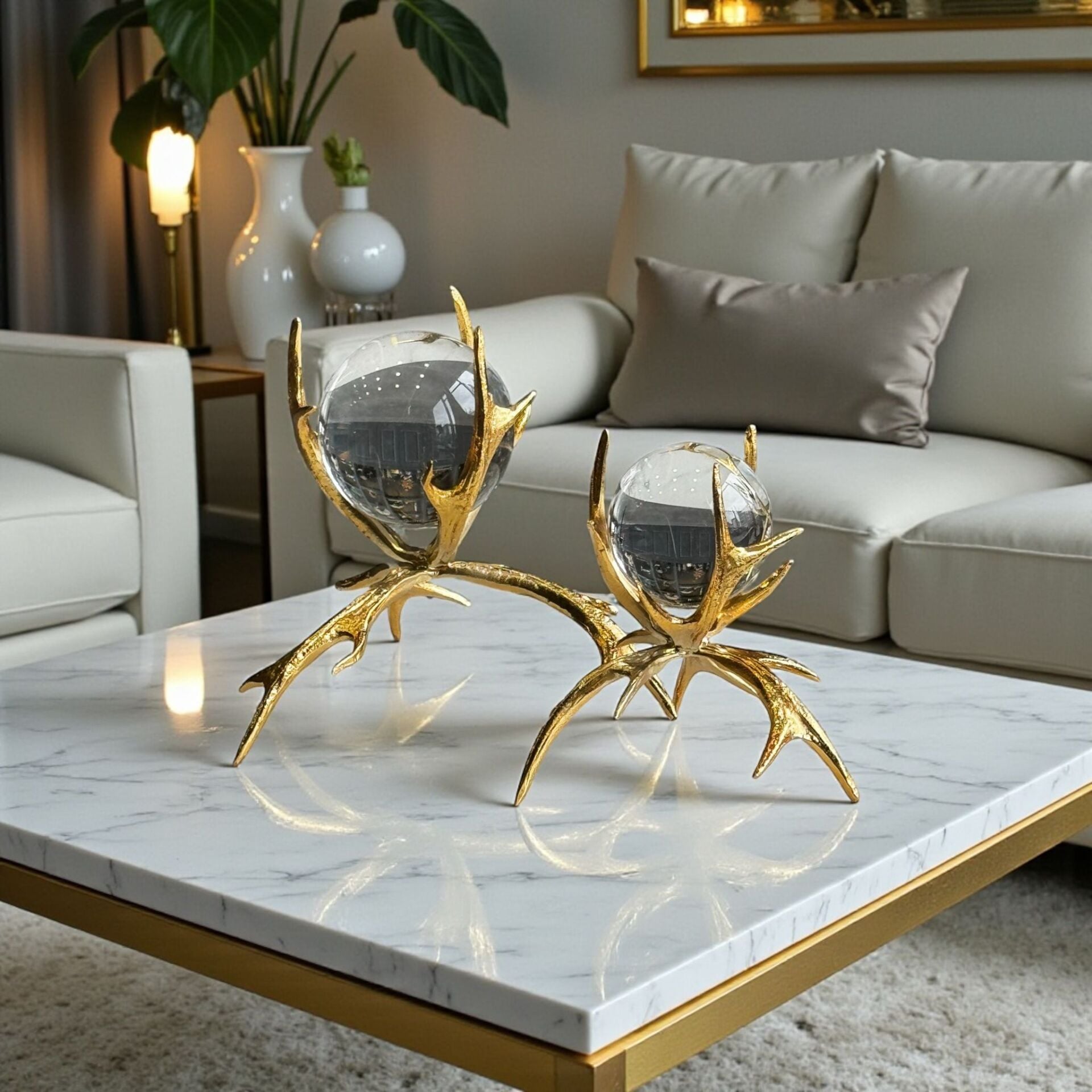 2’li Boynuz Döküm Küre Dekor Obje Seti – Gold