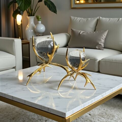 2’li Boynuz Döküm Küre Dekor Obje Seti – Gold