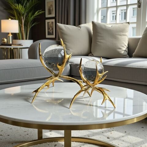 2’li Boynuz Döküm Küre Dekor Obje Seti – Gold