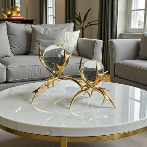 2’li Boynuz Döküm Küre Dekor Obje Seti – Gold