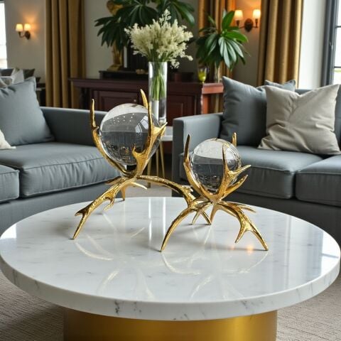 2’li Boynuz Döküm Küre Dekor Obje Seti – Gold