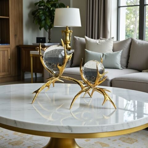 2’li Boynuz Döküm Küre Dekor Obje Seti – Gold