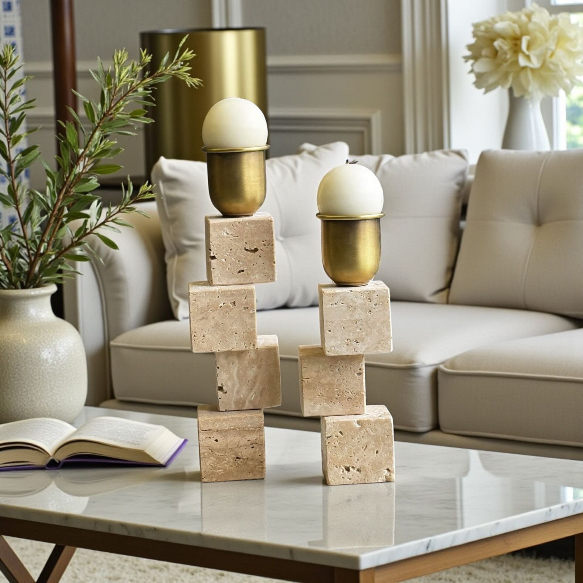 2’li Traverten Küp Şamdan + Mum Seti