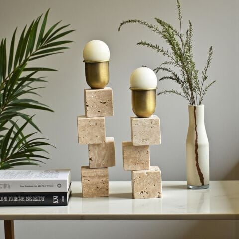 2’li Traverten Küp Şamdan + Mum Seti